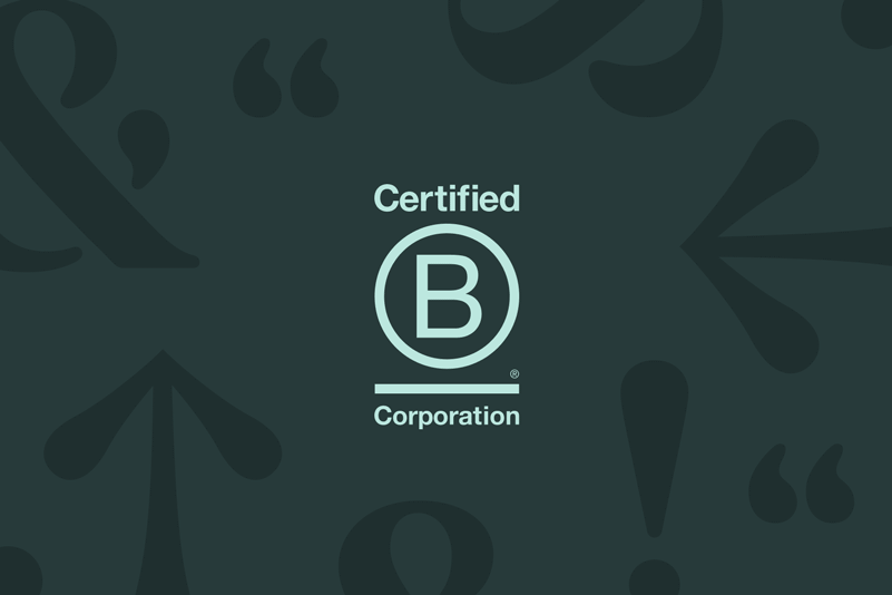 The B Corp Certified logo on various colorful backgrounds.