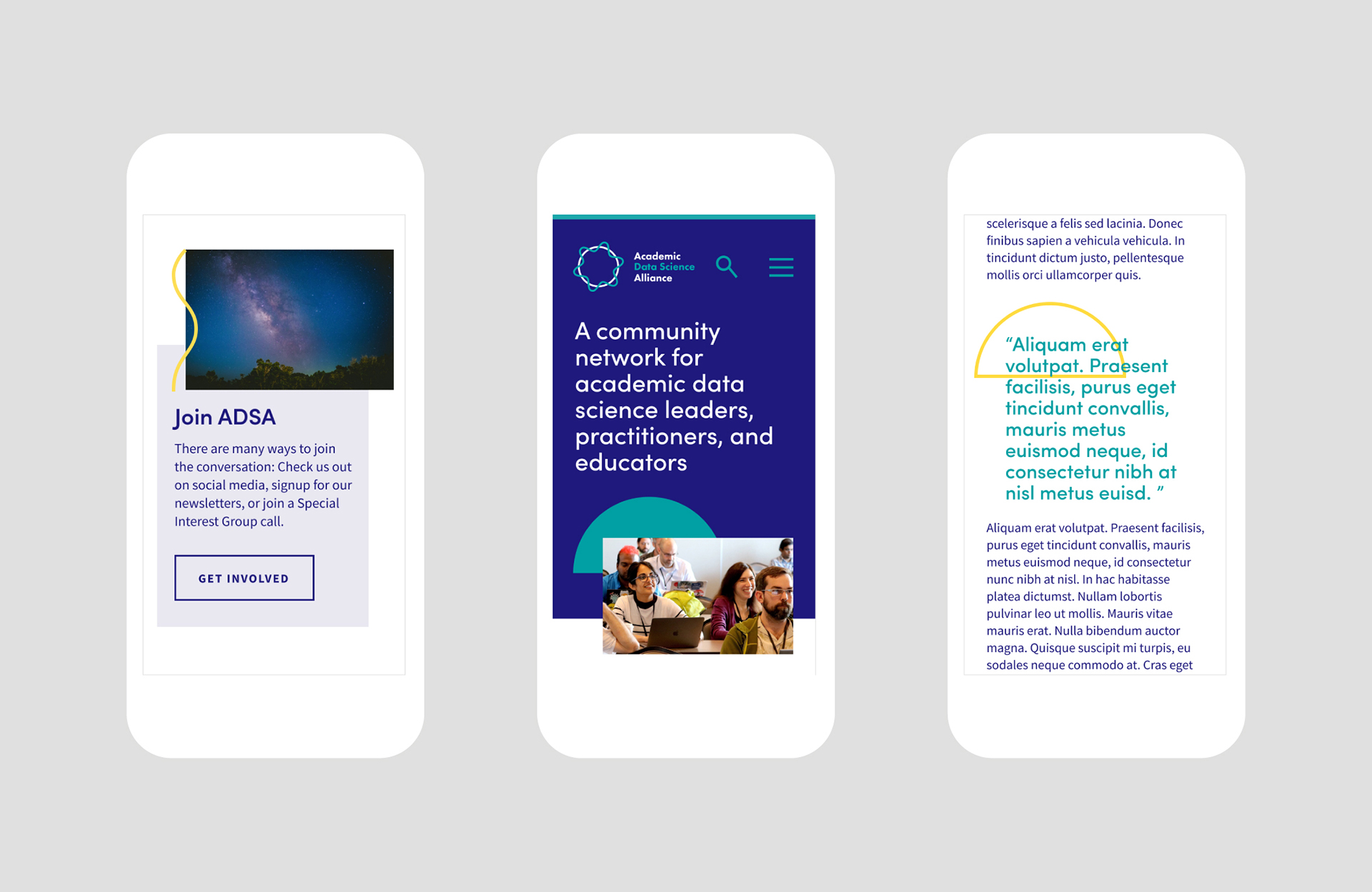 3 different screenshots of the ADSA website on mobile
