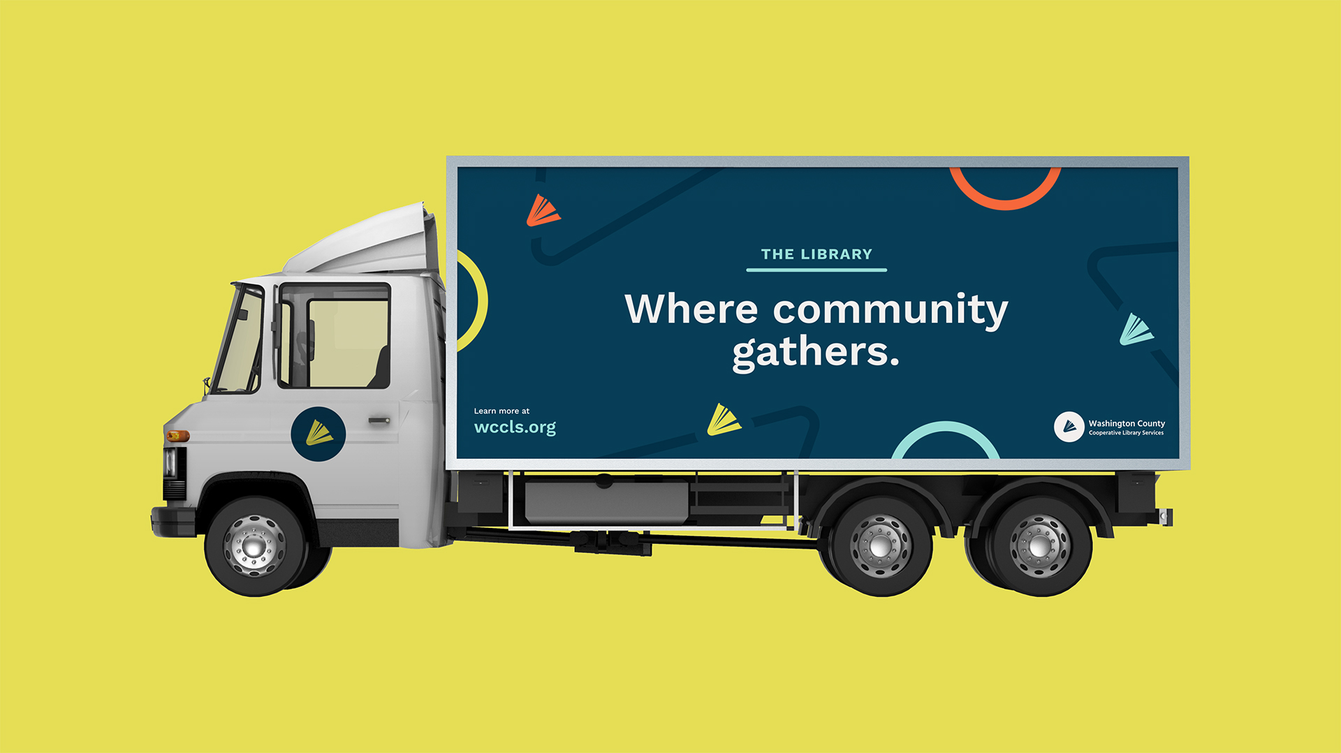One of the WCCLS courier trucks. The words "The Library: Where community gathers." are printed on the truck.