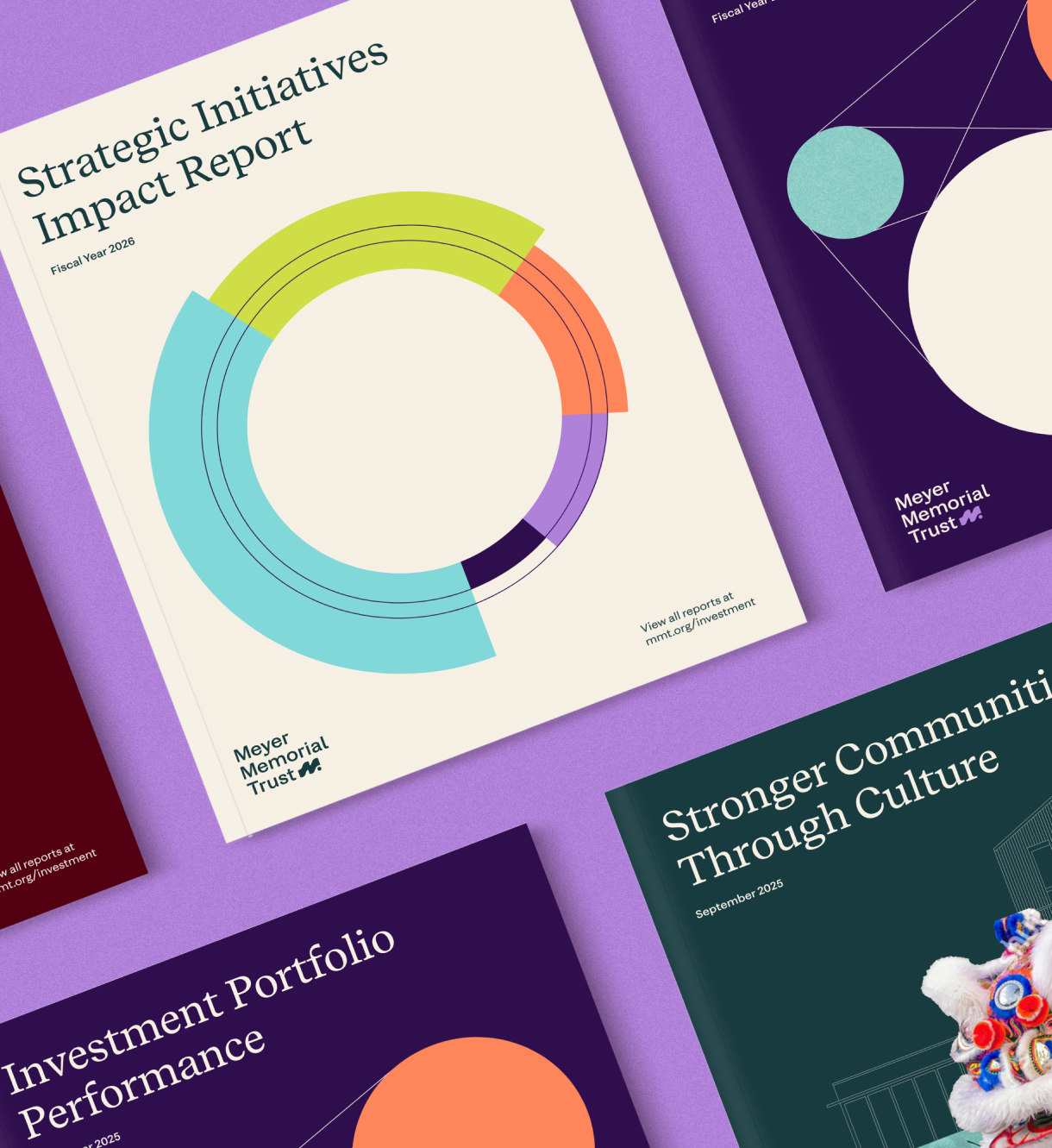 Collection of colorful Meyer Memorial Trust report covers including Strategic Initiatives Impact Report, Investment Portfolio Performance, Stronger Communities Through Culture, and more.
