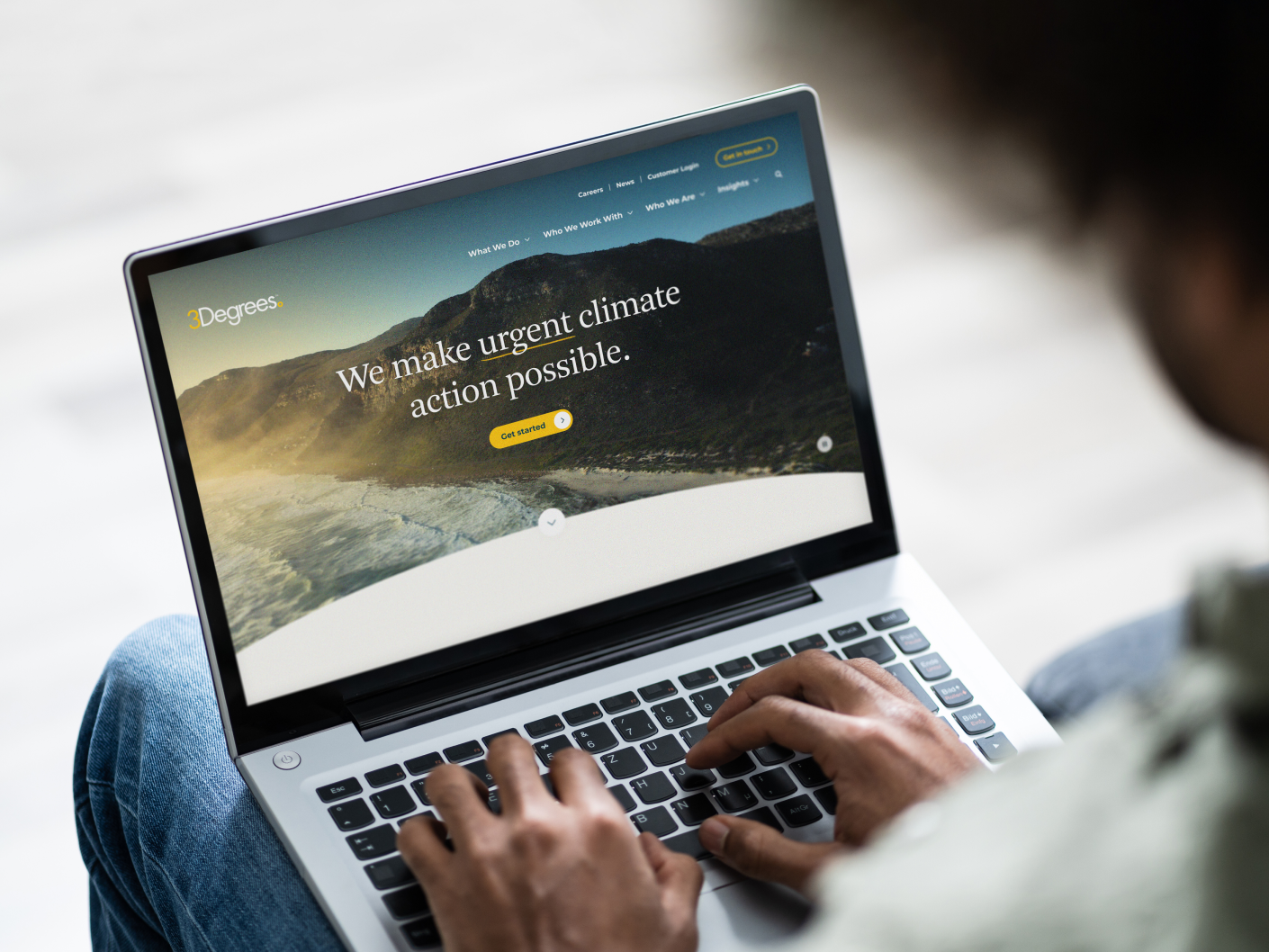 Computer screen view of 3Degrees homepage with text "We make urgent climate possible."