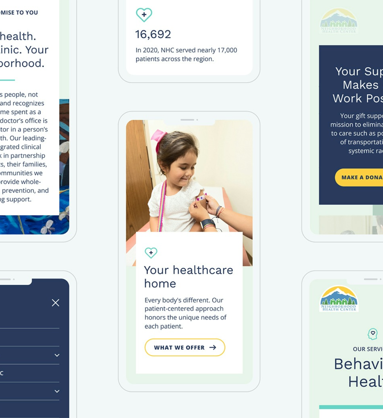 Mobile model collage for the Neighborhood Health Center's website, showing patient care, stats, donation, and services pages.