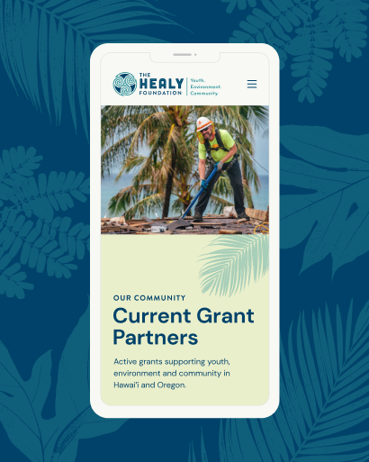 iPhone view of the Healy Foundation's website Grant Partners page, with a blue background including a leaf texture/design.