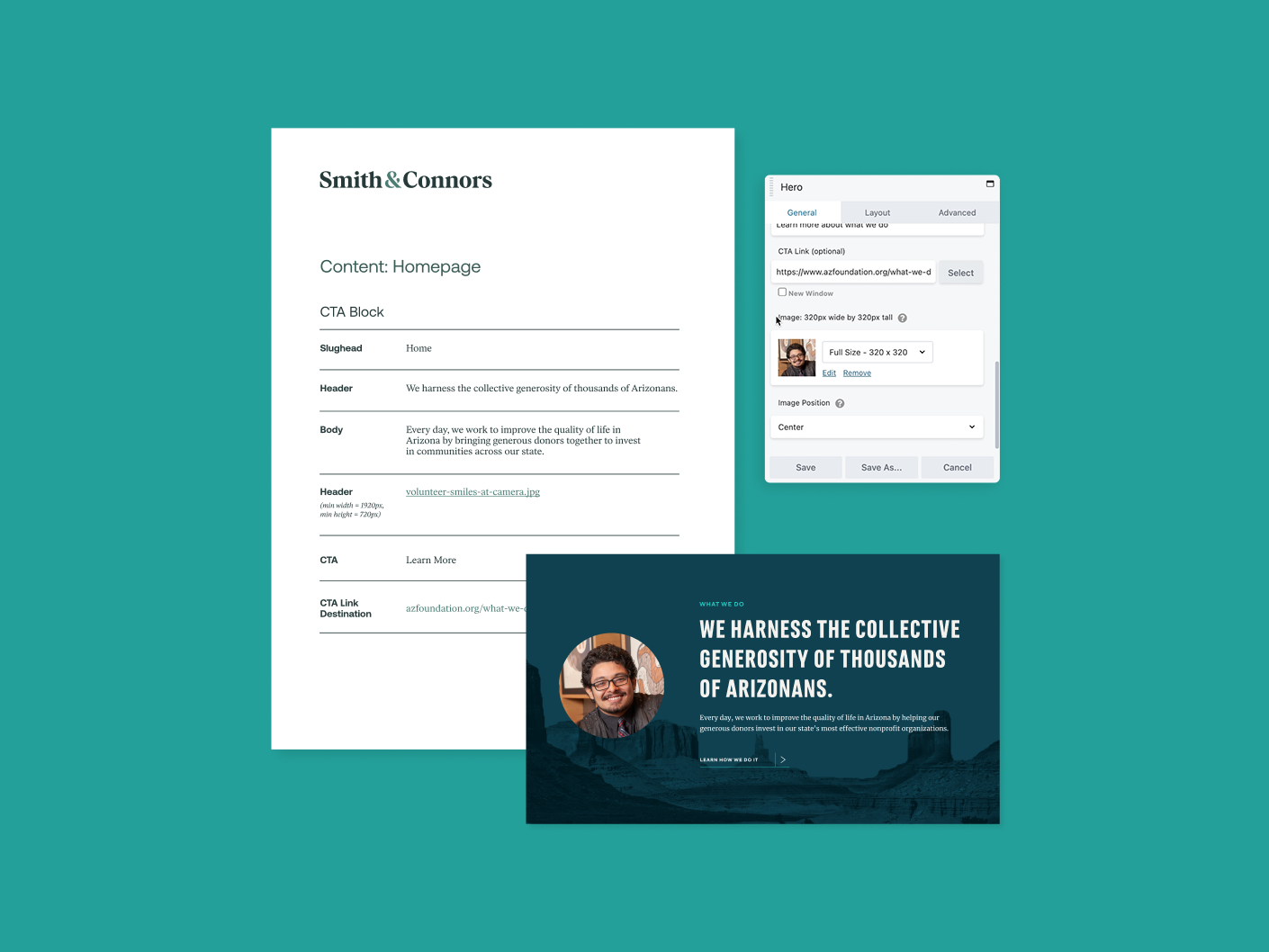 Collection of screenshots featuring S&C content information document for "Content: Homepage," ACF's "What We Do" web page, and CMS input page.