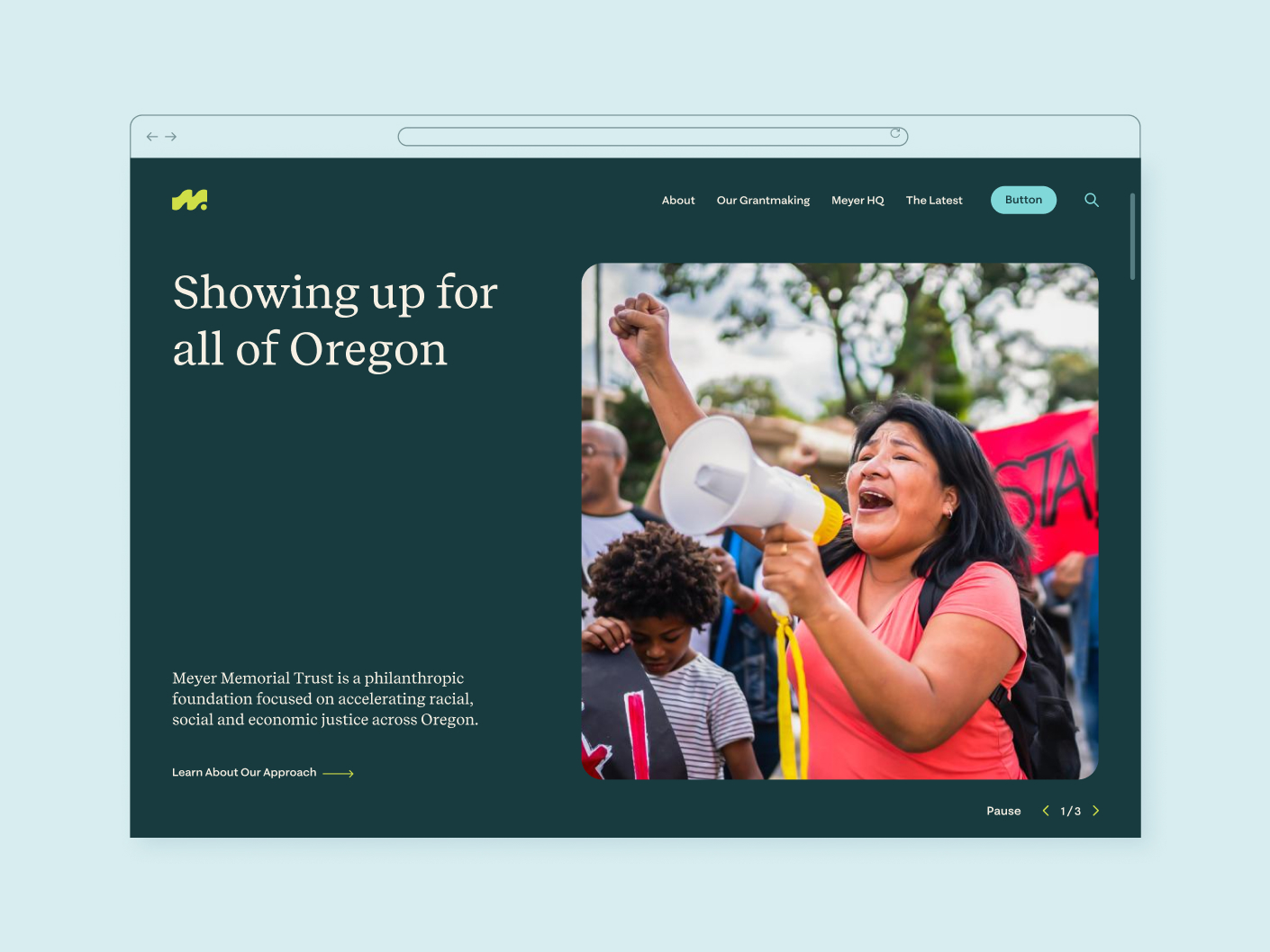 Screenshot of Meyer Memorial Trust's homepage with an image of a woman holding a megaphone.