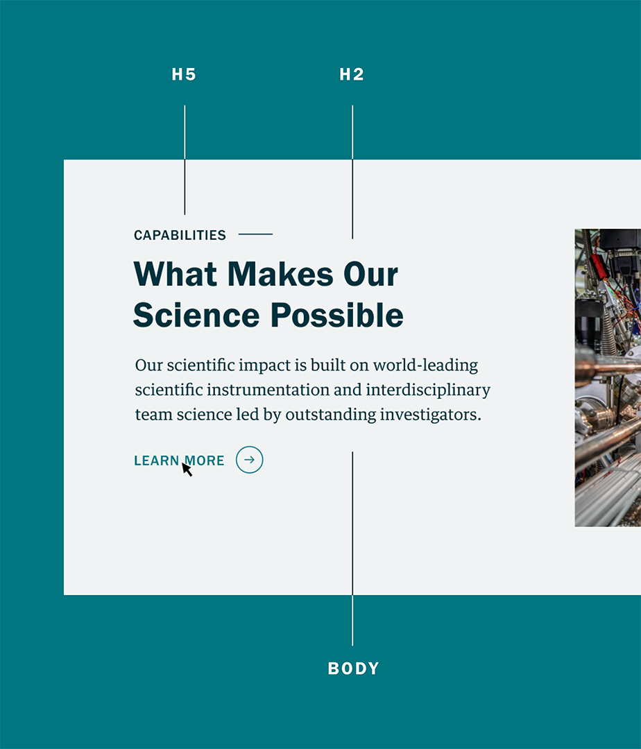 Screenshot of a Call to Action block showing the fonts in heading levels 2 and 5 and in body copy.
