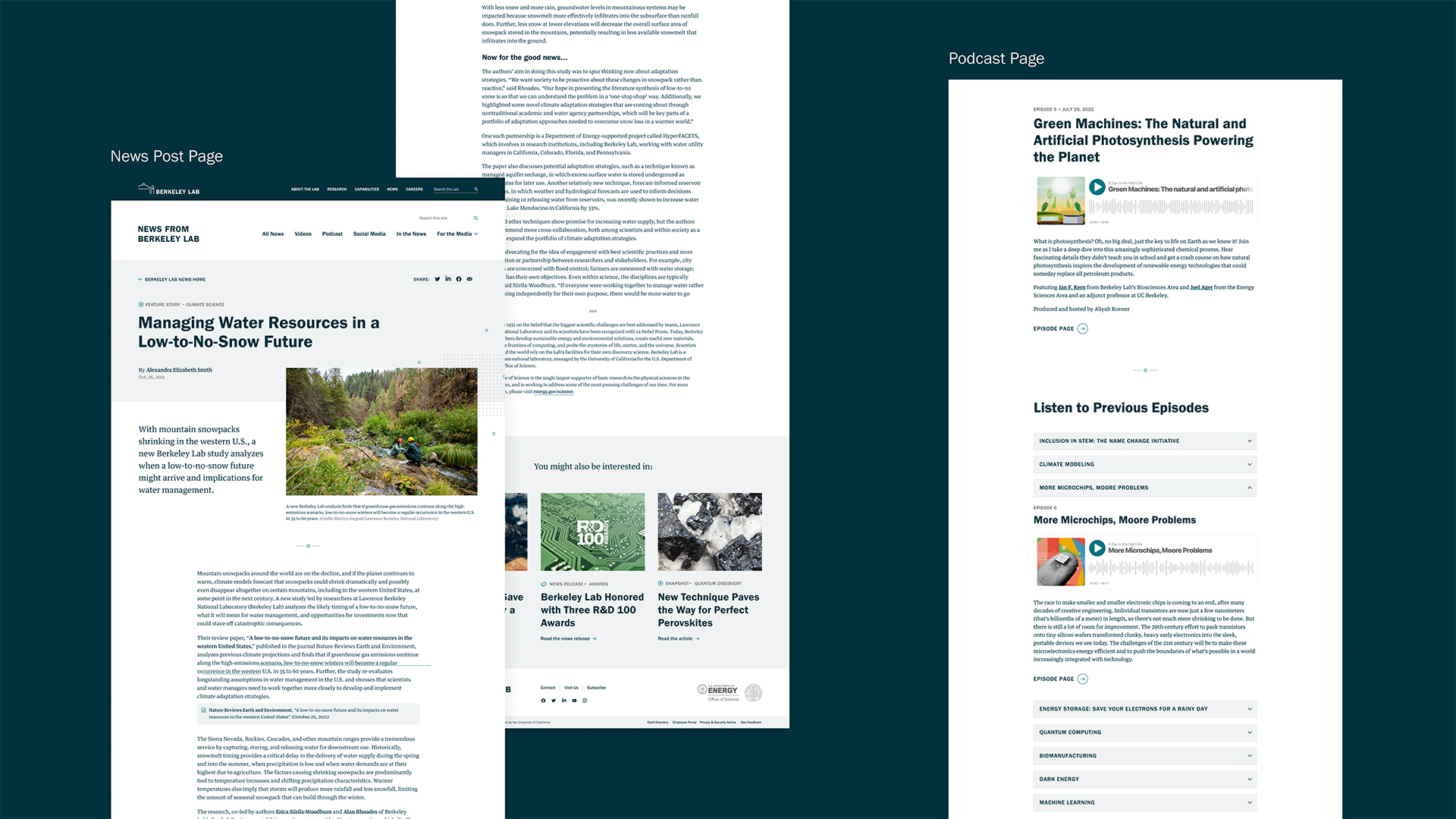 A design canvas showing many the news center web components build for the new Berkeley Lab design system.
