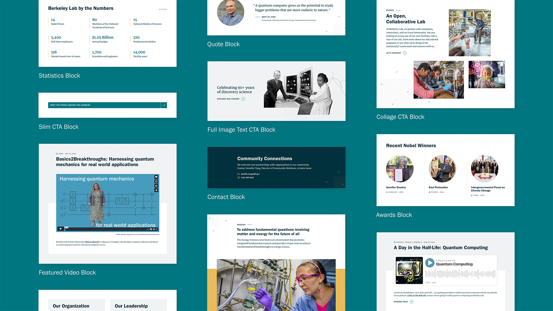 A design canvas showing many types of web components build for the new Berkeley Lab design system.