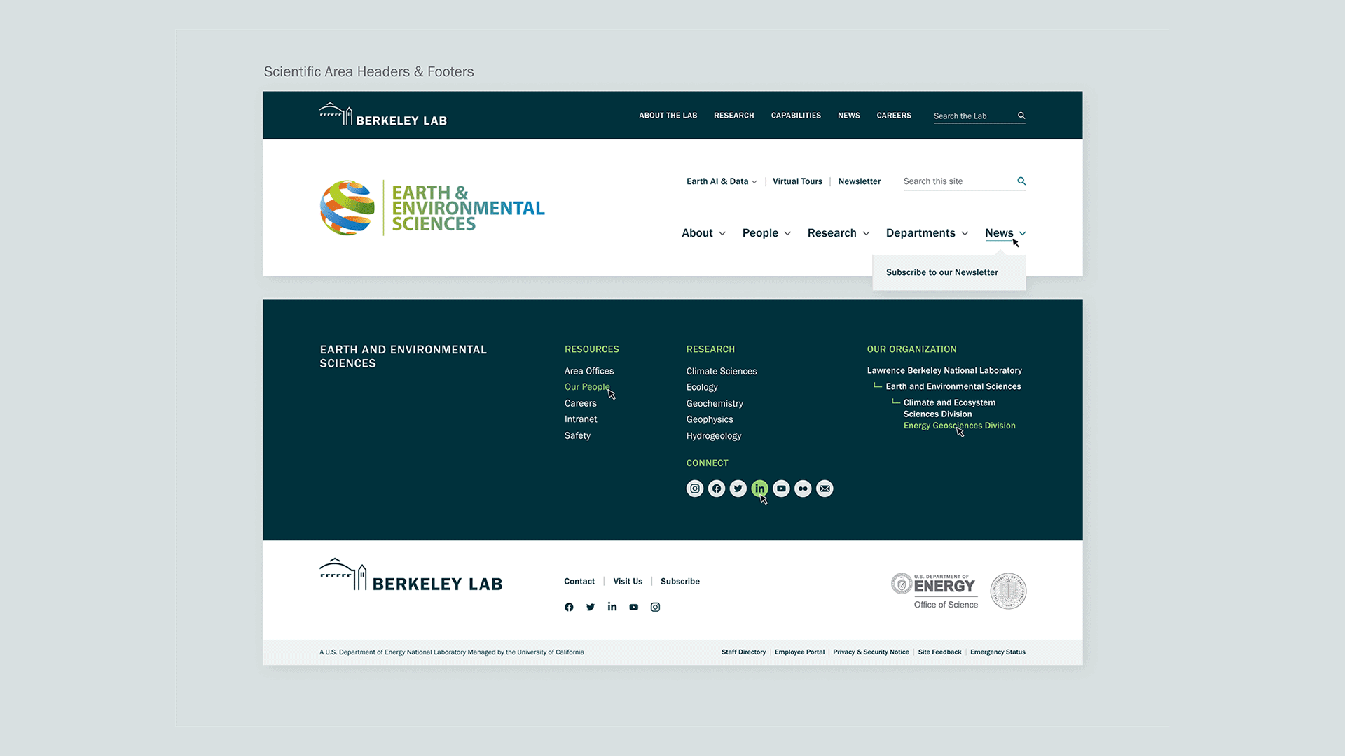 An animated gif showing several division landing pages and their navigations in various hover states.