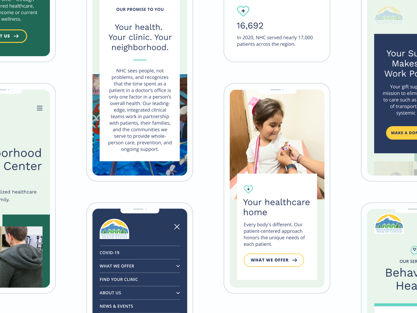 Mobile model collage for the Neighborhood Health Center's website, showing patient care, stats, donation, and services pages.