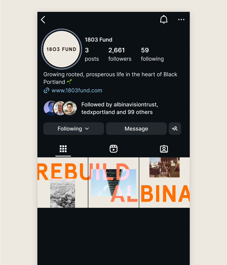 1803 Fund's instagram profile mockup.