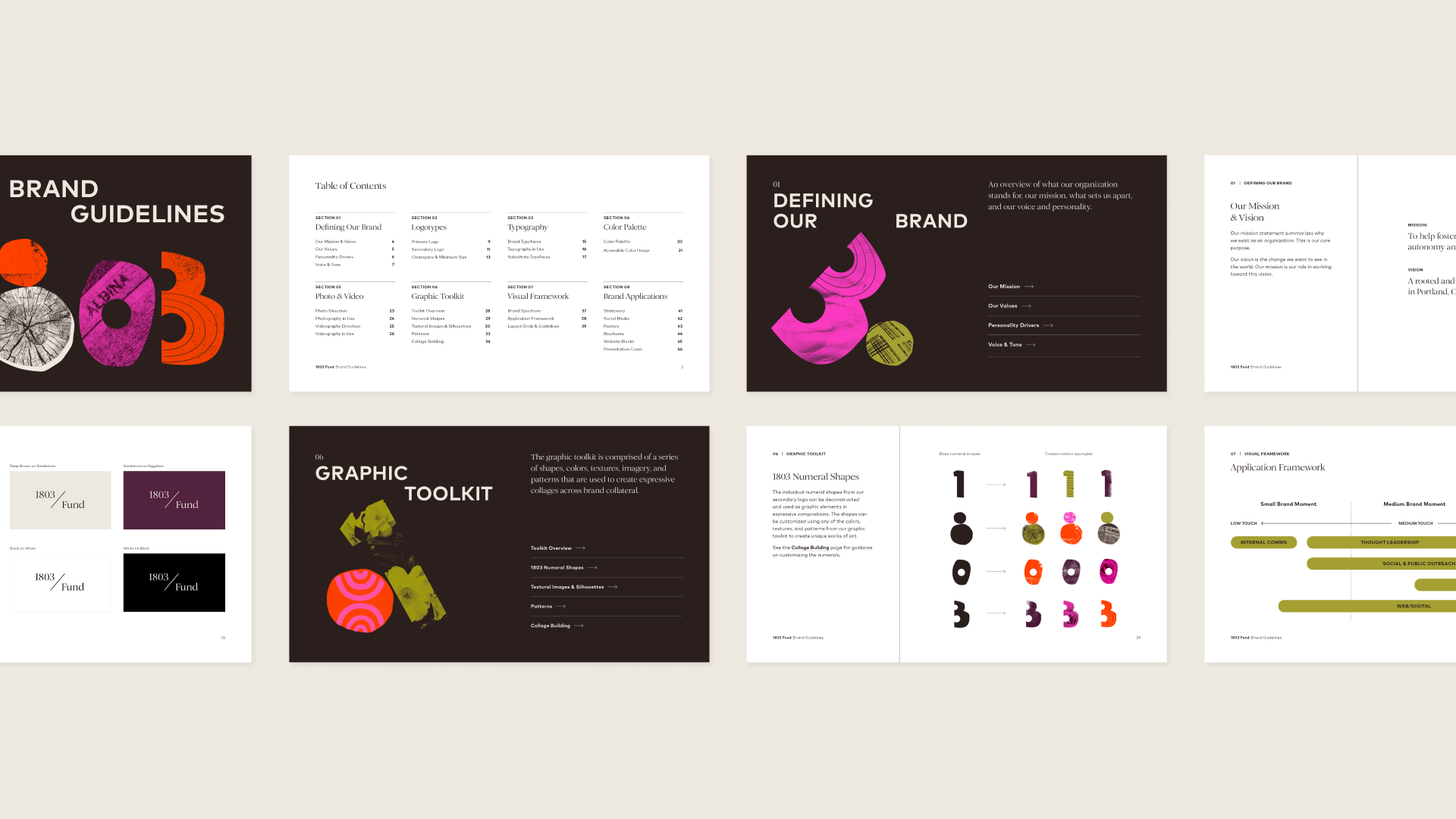Brand guide mockup with several pages laid out to show graphic tool kit and defining the brand.