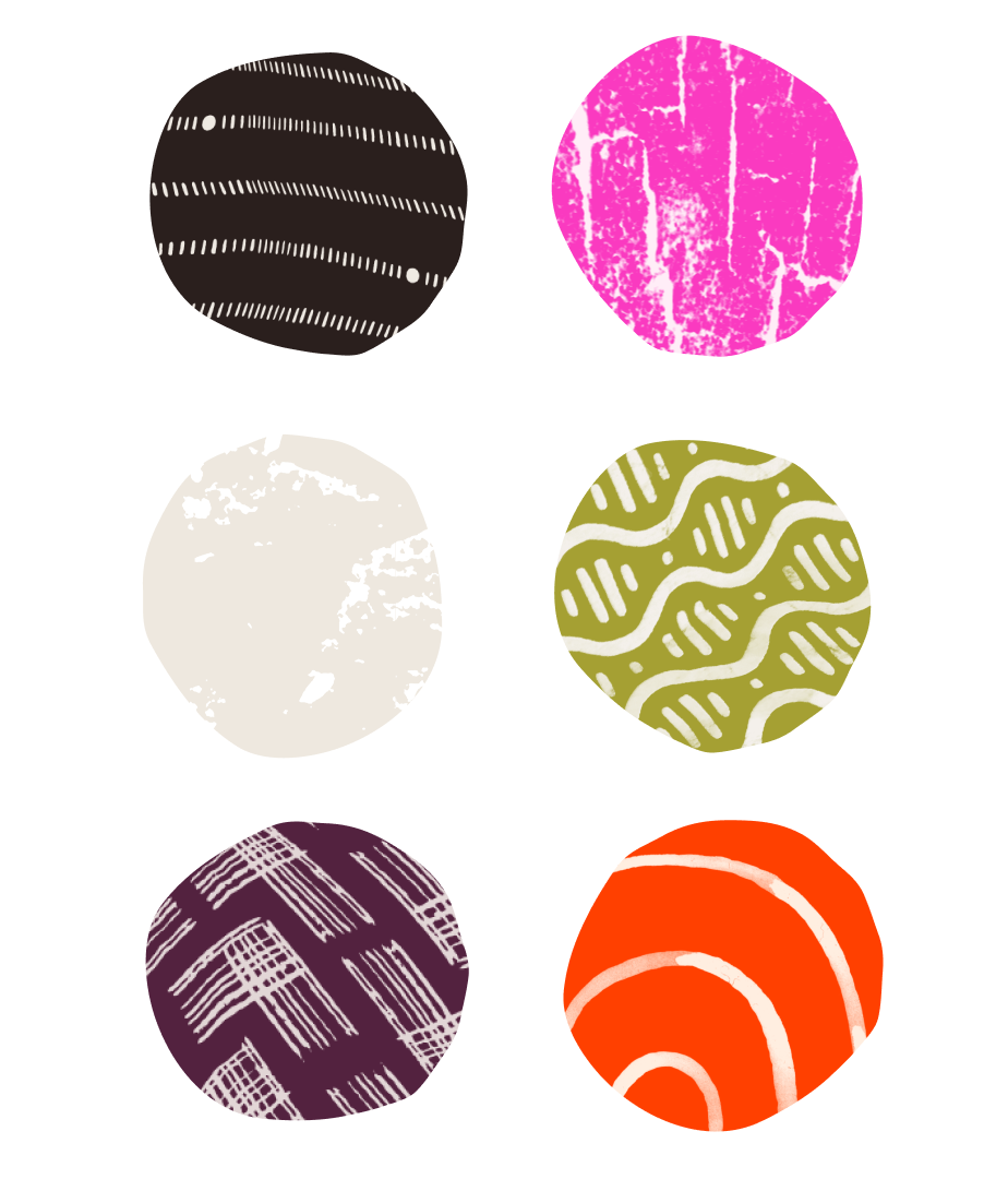 Bright vibrant graphic of 6 circles made up of colorful patterns.