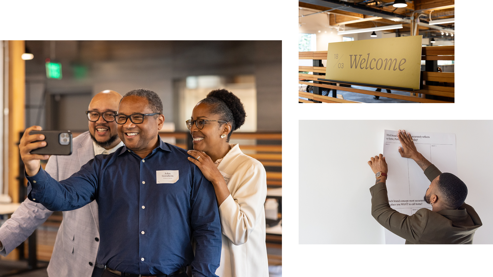 3 pictures in a collage with people taking a selfie, a welcome sign, and a man hanging up a poster on the wall.