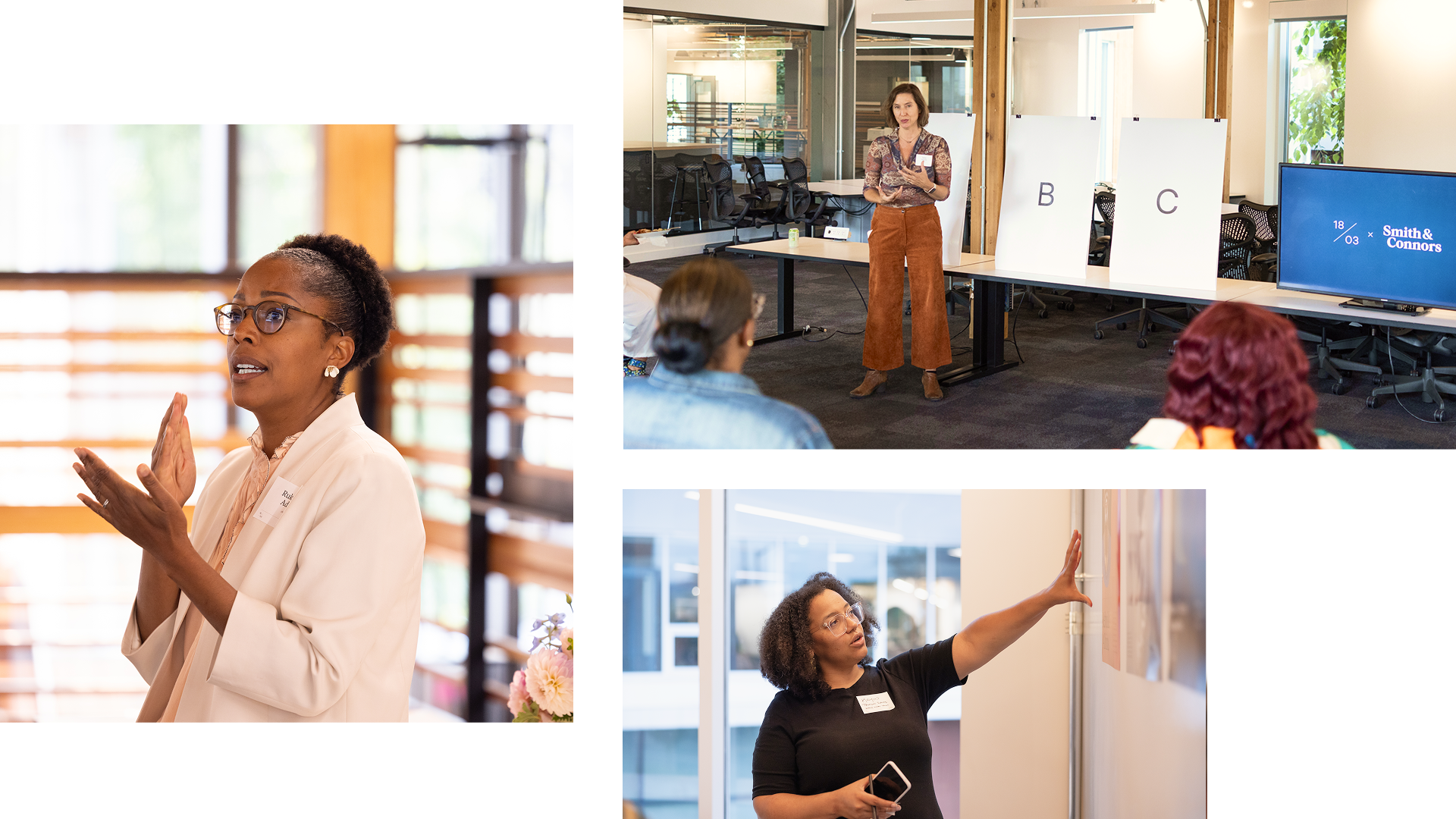 Picture collage of 3 women speaking in front of group of audience.