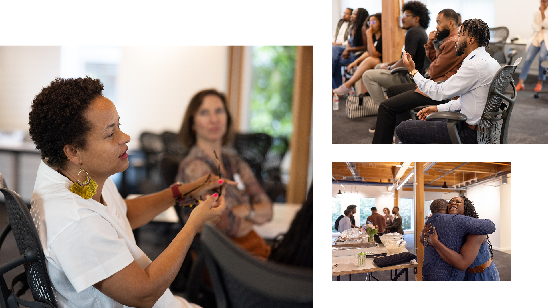 3 image collage of people at a group event talking and engaging.