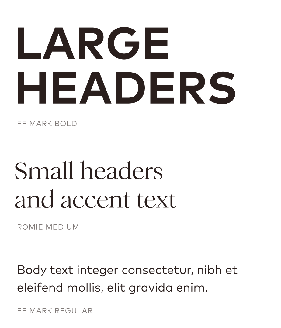 Typographic mockup showing large header type, small header type, and body type.
