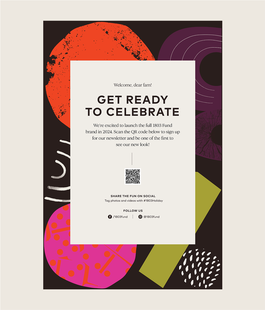 Holiday party invite with 1803 Fund vibrant graphics behind the copy.