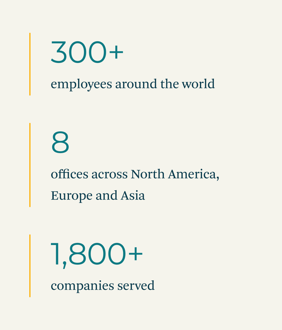 Statistics from the 3Degrees website project: 300 employees around the world; 8 office across North America, Europe and Asia; 1800+ companies served.