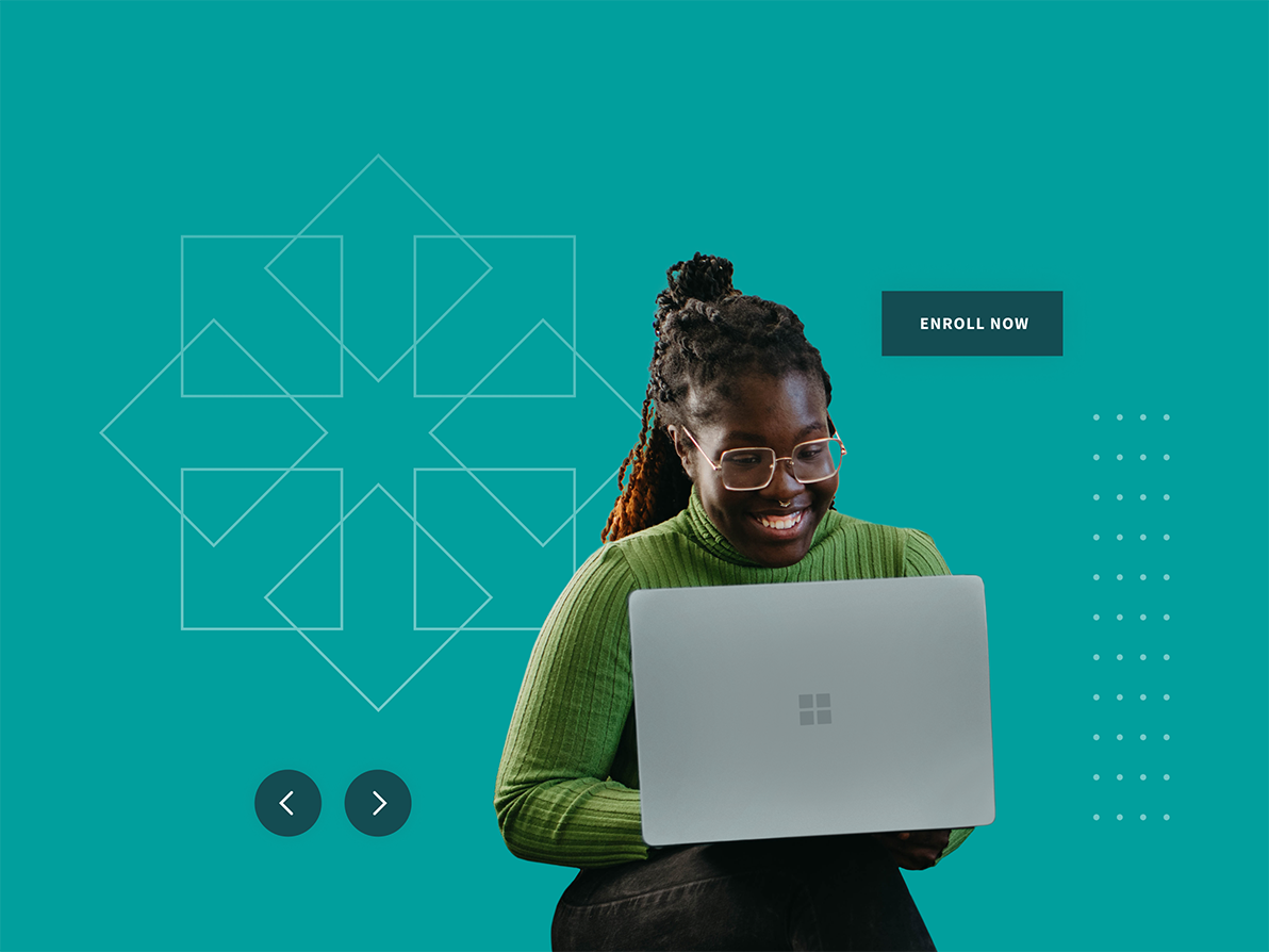 A collage of elements from the website surrounding a student on a computer.