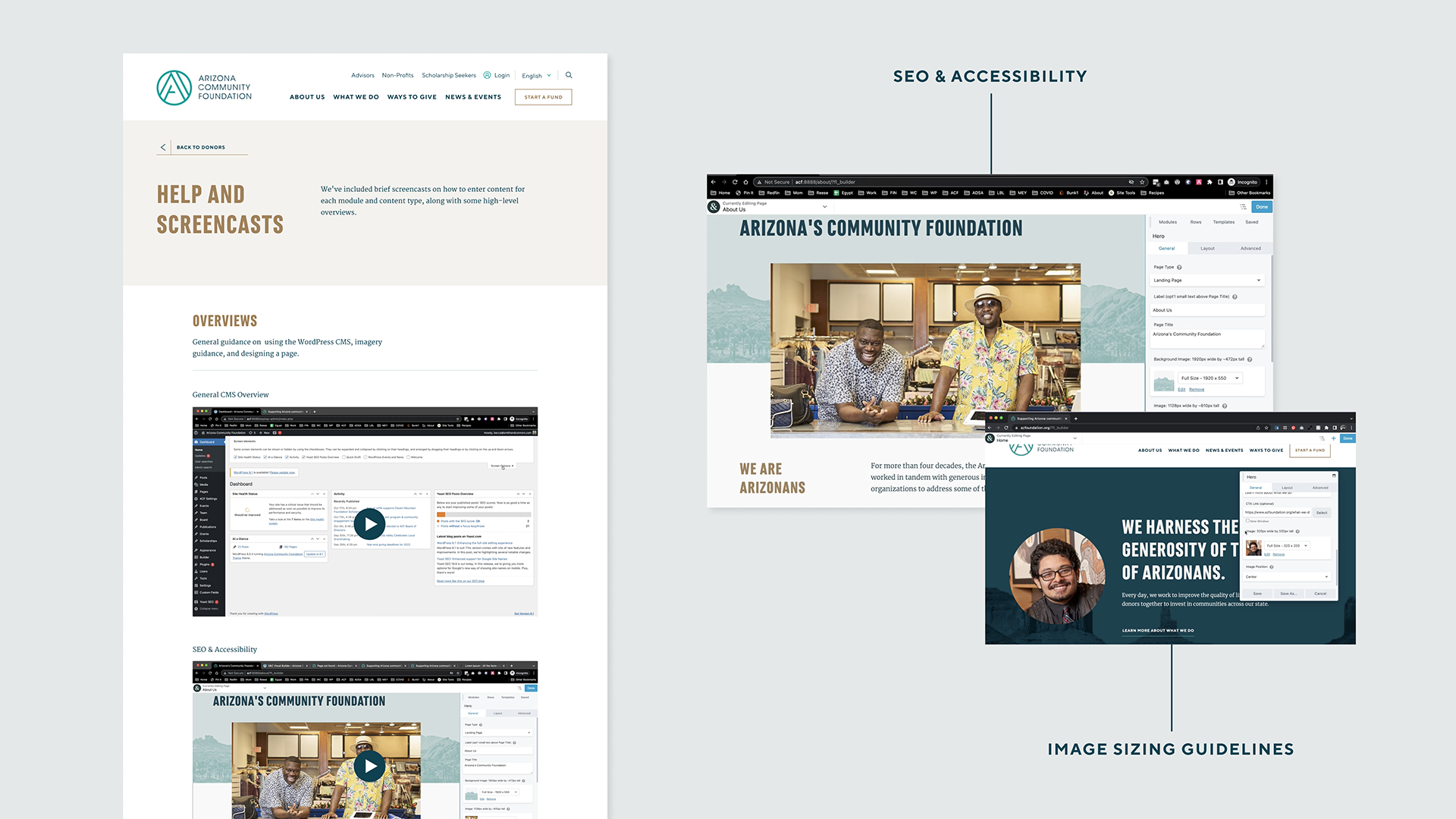 Thumbnails of video screencasts guides for content management in the website backend.