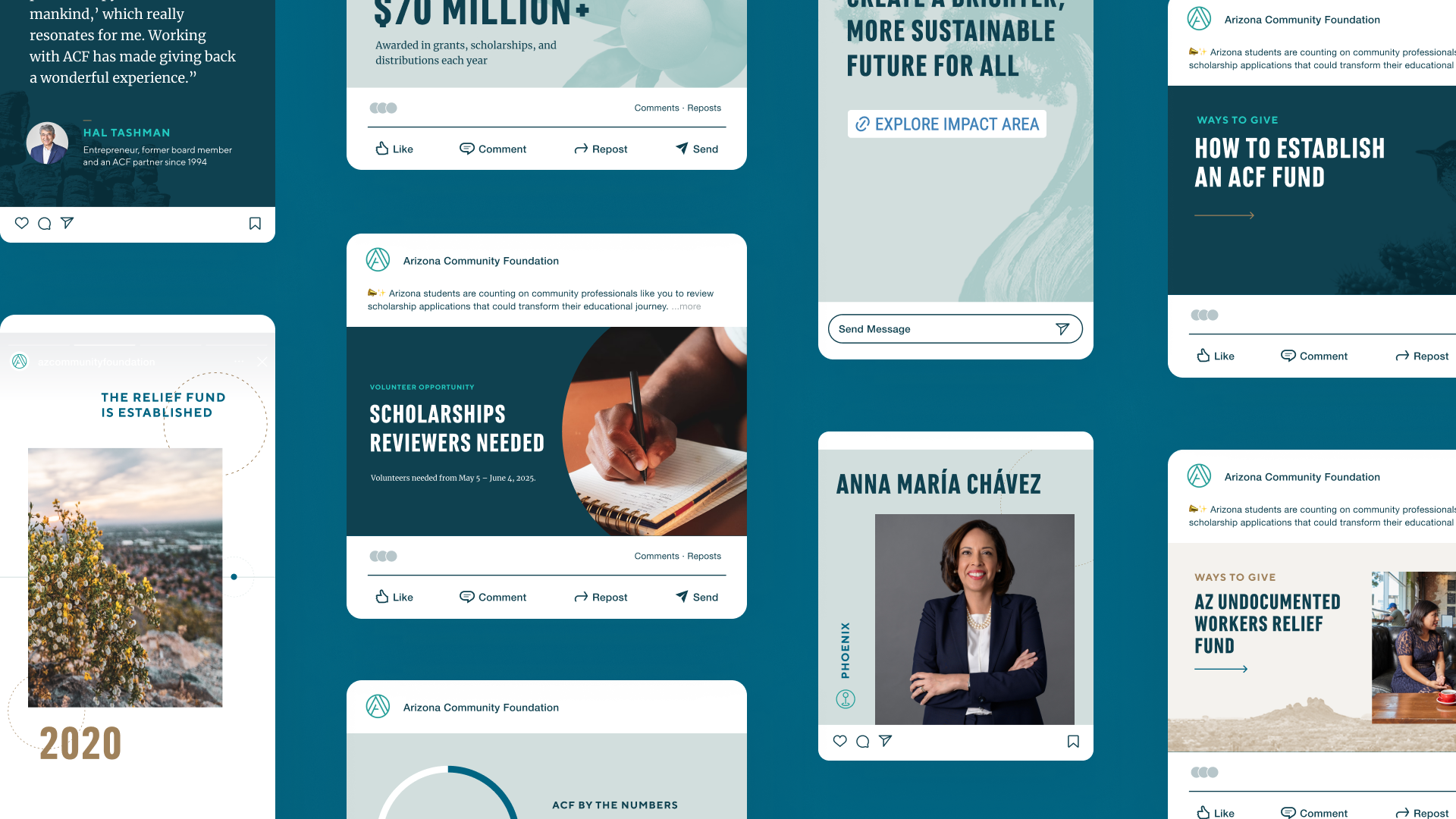 A grid of social media template designs for Arizona Community Foundation.