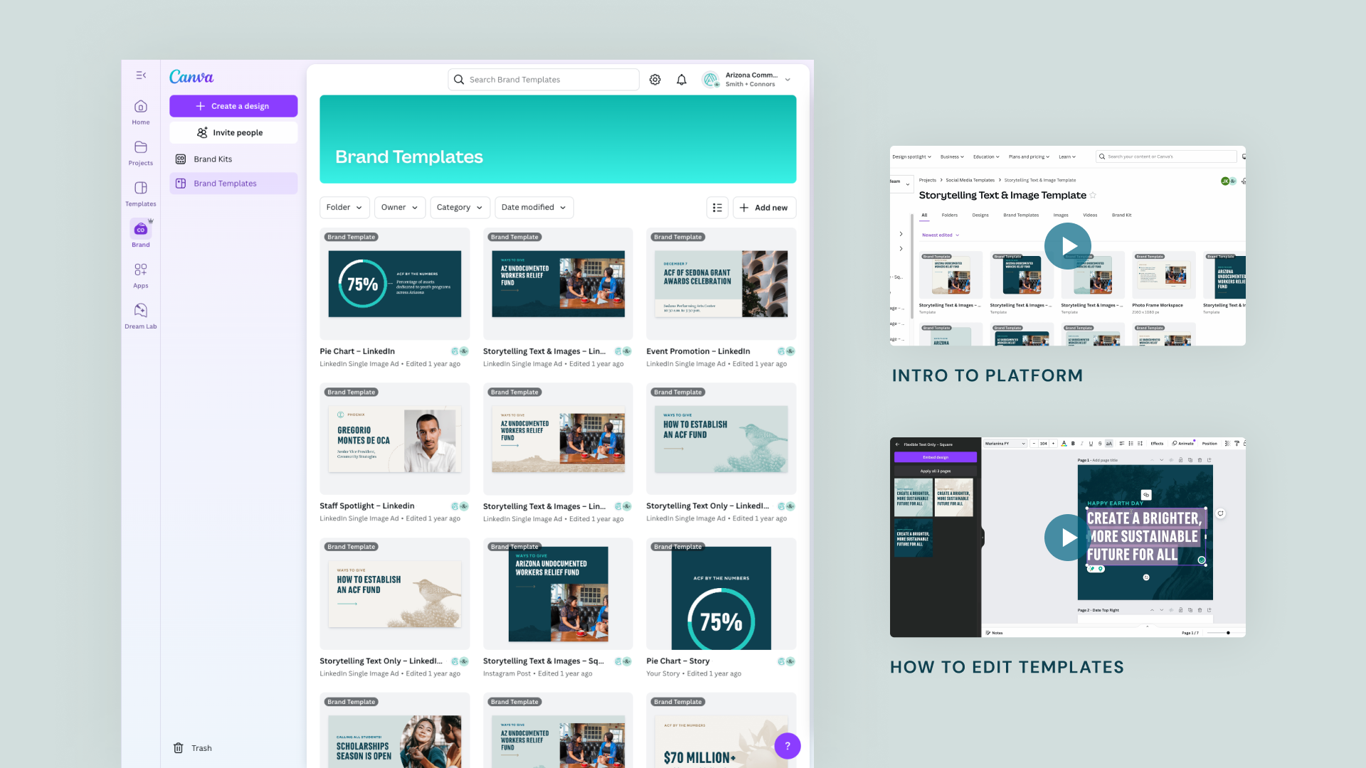 A screenshot of the Canva brand templates page with screenshots from our tutorial videos next to it.