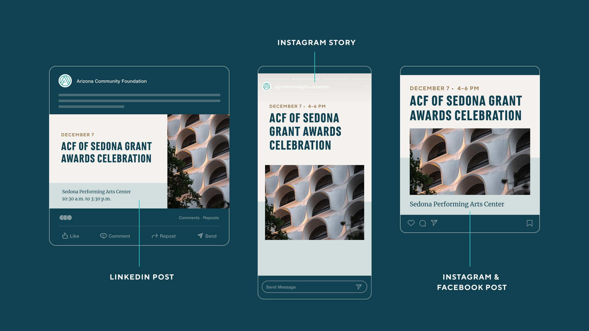 An example of social designs formatted for Linkedin, Instagram, Facebook, and Instagram stories.