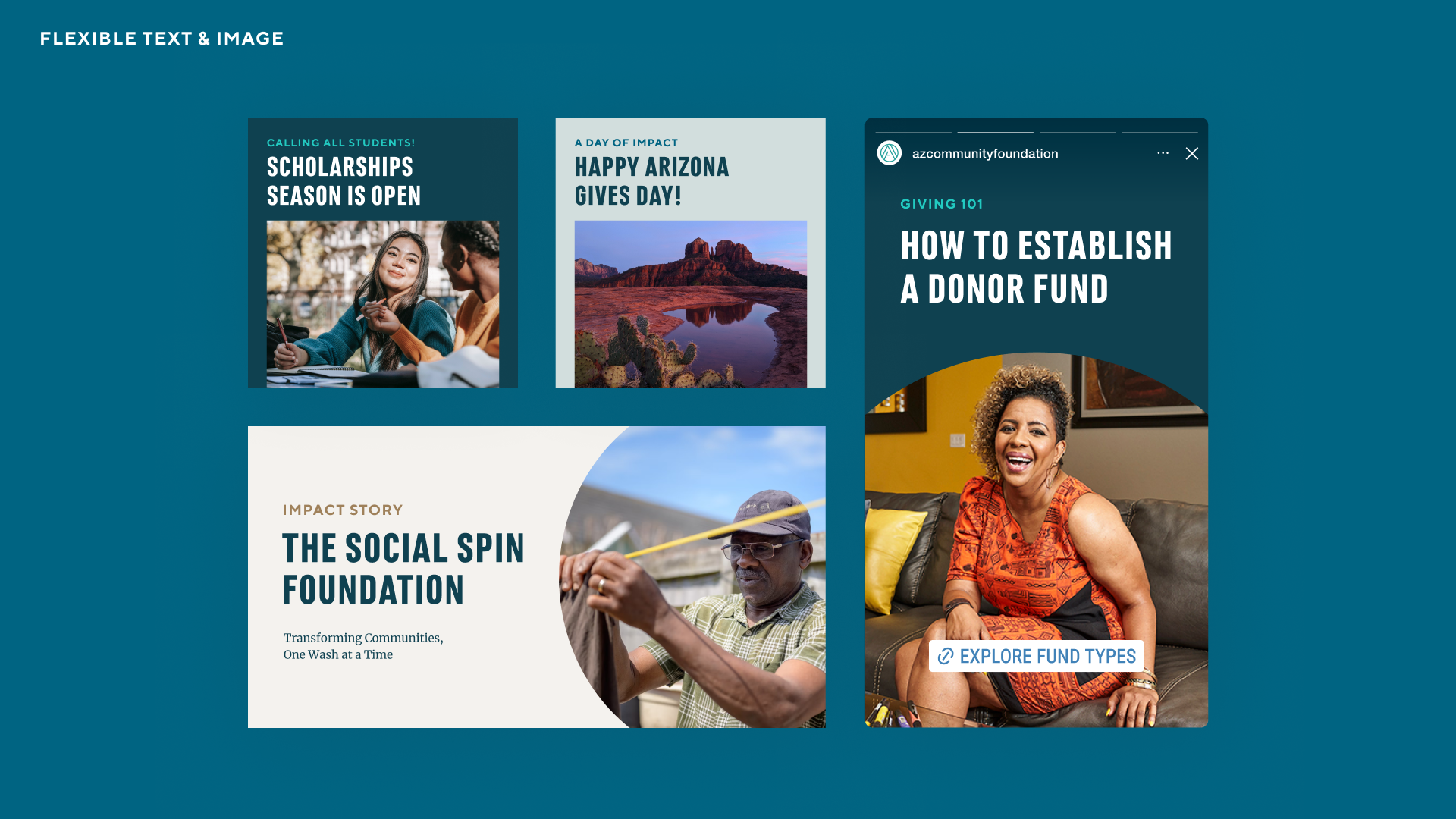 A few examples of the Flexible Text & Image template using different types of content, from scholarship announcements to case study promotion.