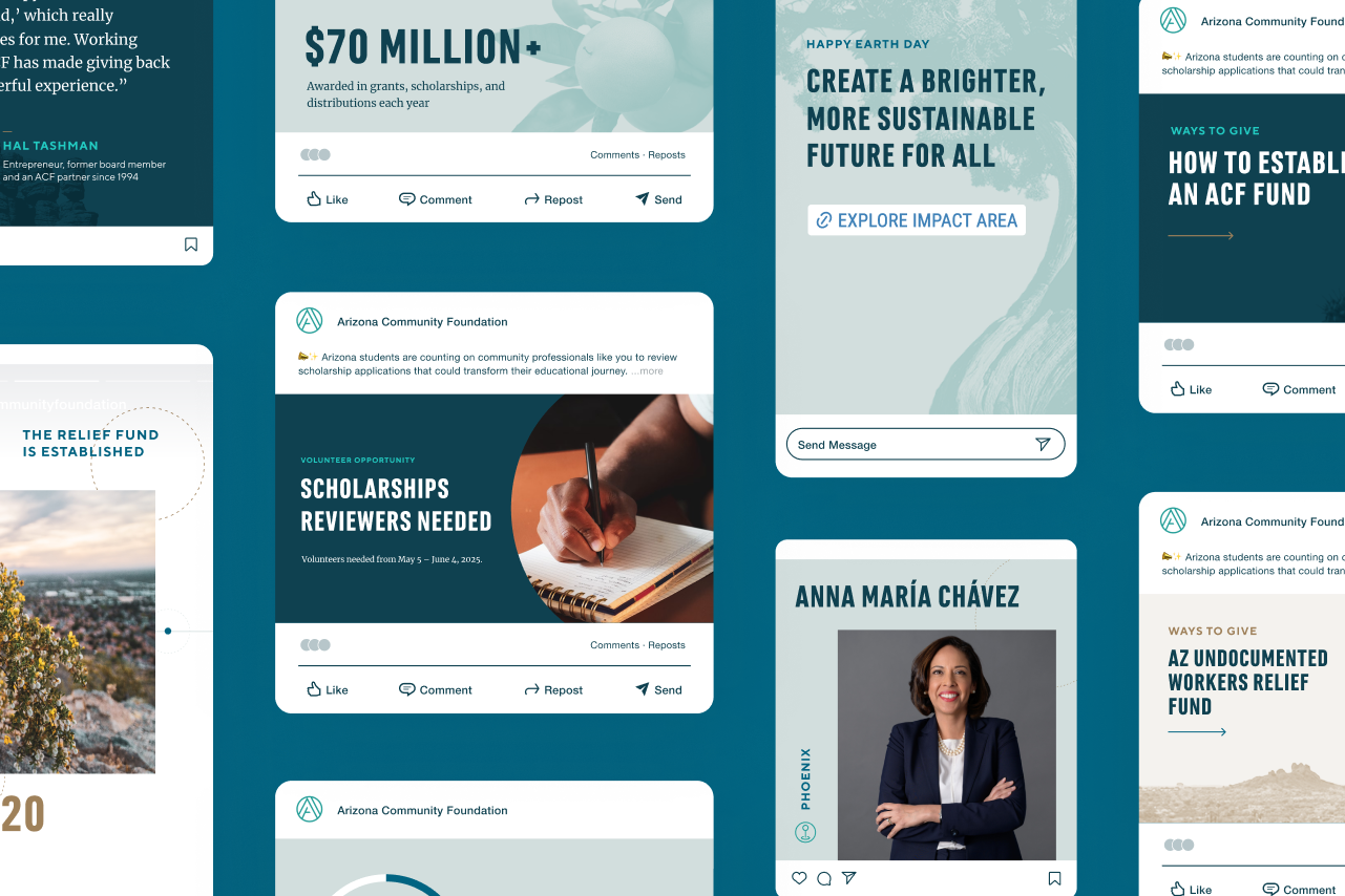 A grid of social media template designs for Arizona Community Foundation.