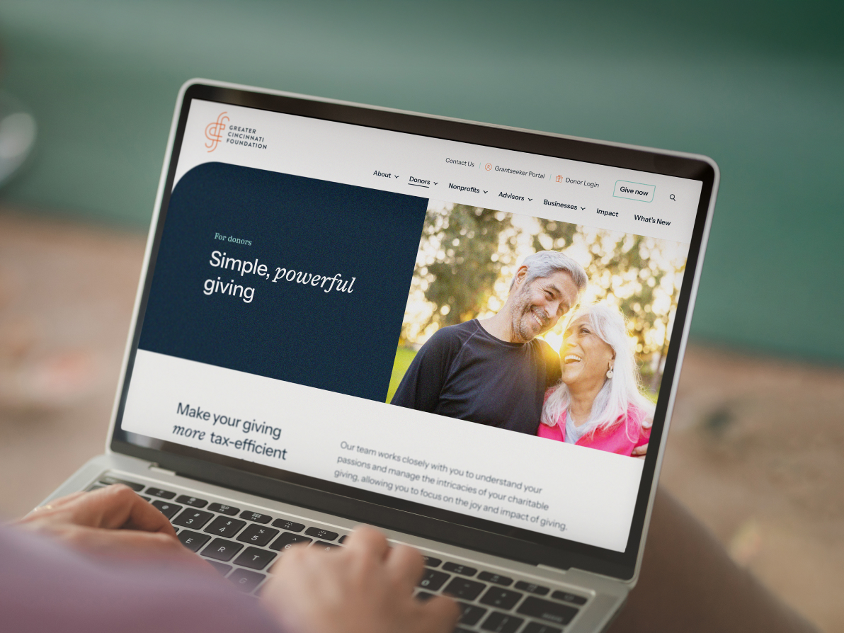 Desktop view of the Greater Cincinnati Foundation's donor page with text "Simple, powerful giving".