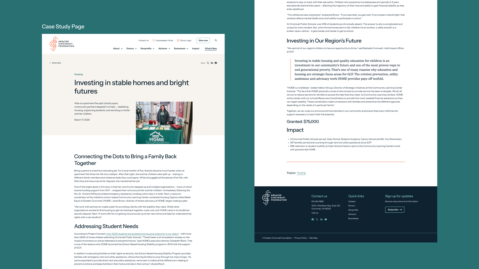 Case study webpage for Greater Cincinnati Foundation titled “Investing in stable homes and bright futures,” featuring a story about housing stability, impact details, grant amount, and a photo of a community partner at a HOME information table.