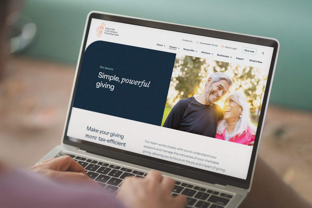 Desktop view of the Greater Cincinnati Foundation's donor page with text "Simple, powerful giving".