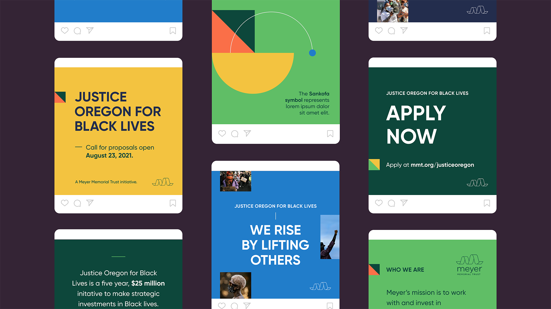 Carousel of various Justice Oregon social media template designs and messaging.