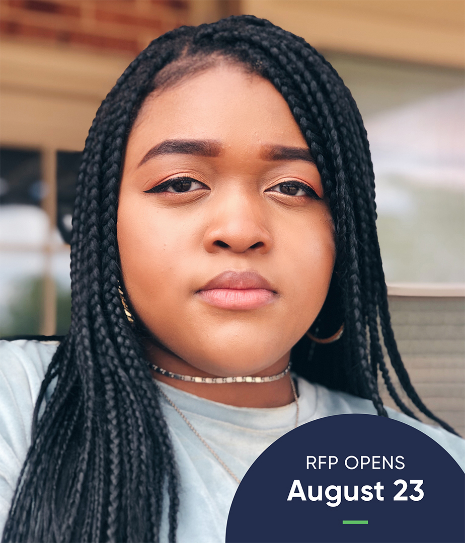 A marketing messaging template, featuring the image of a Black woman and copy about RFP dates.