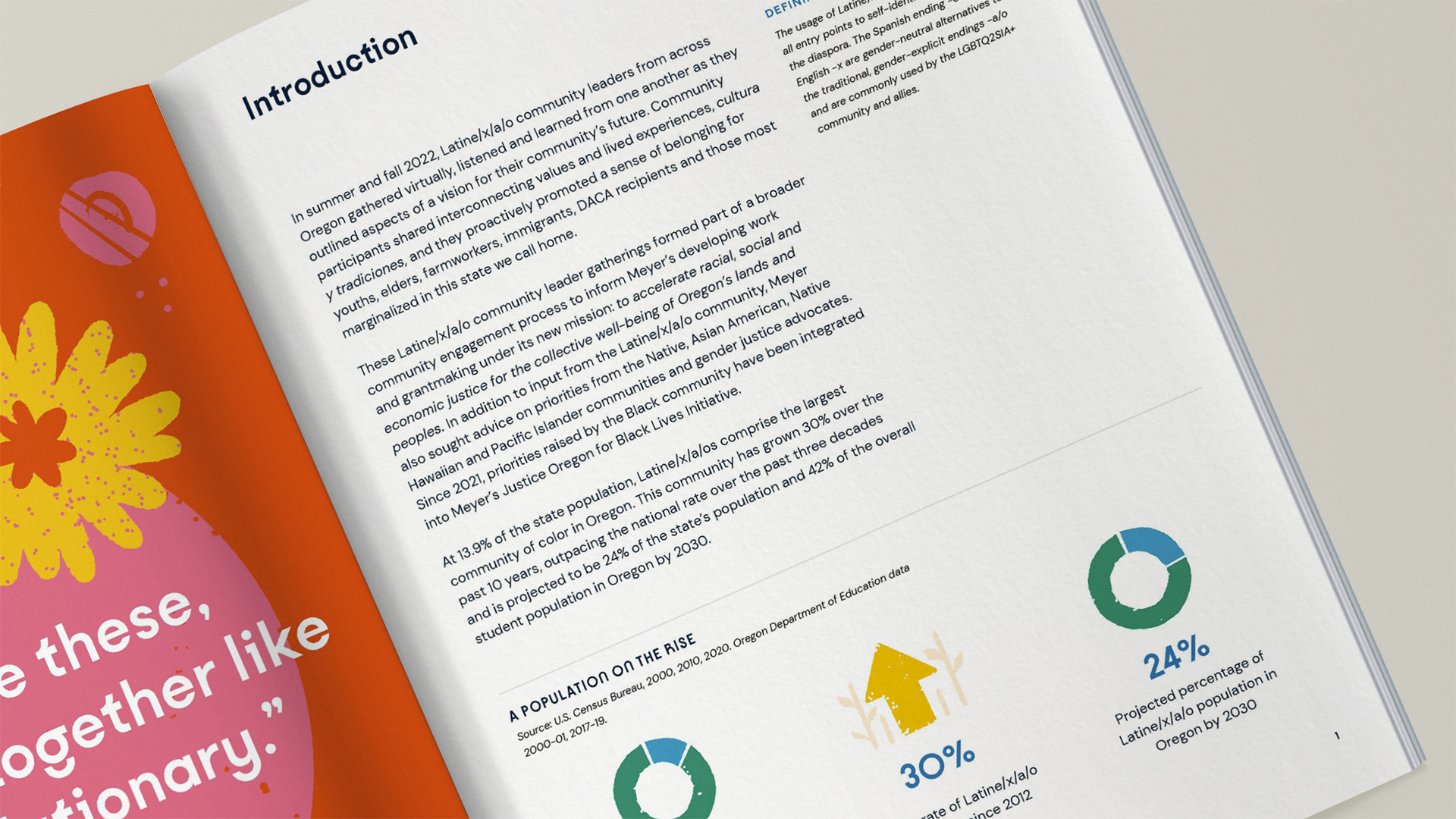 An overhead photograph of the introduction spread of the report, featuring the statistics illustrative icons we designed.
