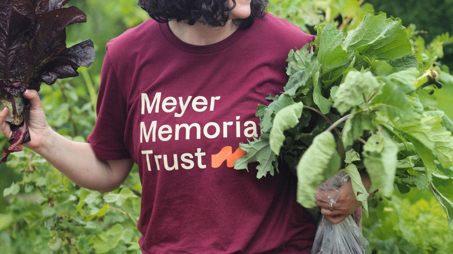 Person wearing a maroon Meyer Memorial Trust shirt holds freshly harvested greens in a garden.