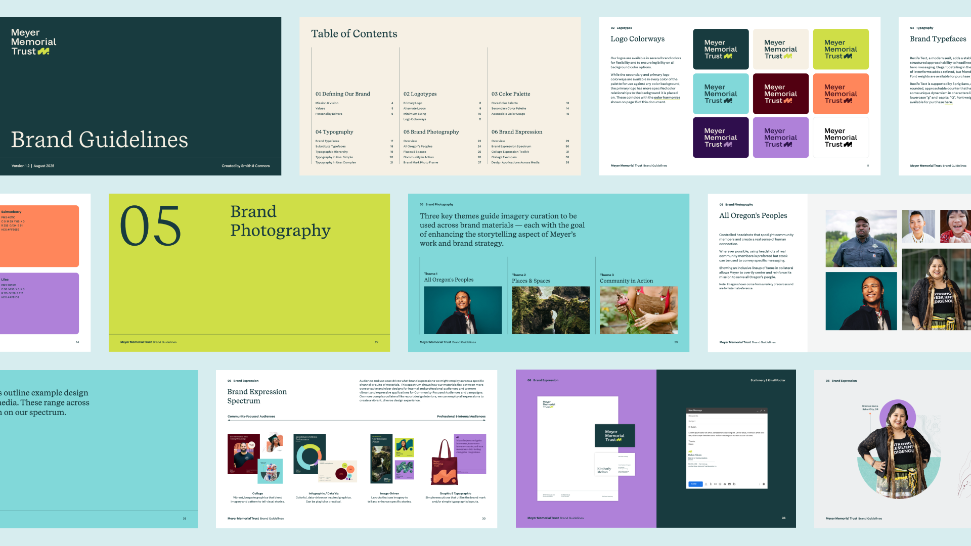 Overview of Meyer Memorial Trust’s brand guidelines showing pages on logo use, color palette, typography, photography, and brand expression.
