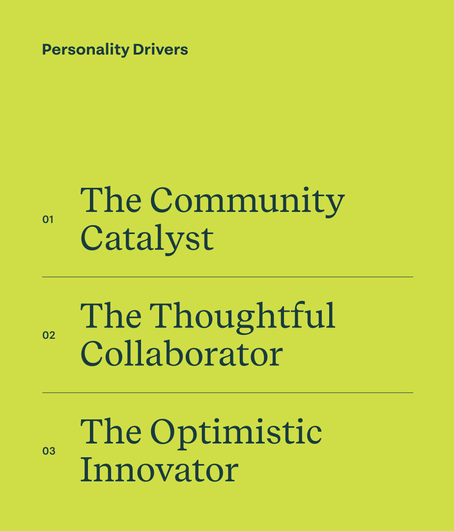 Chart showing Meyer’s three personality drivers: The Community Catalyst, The Thoughtful Collaborator, and The Optimistic Innovator.