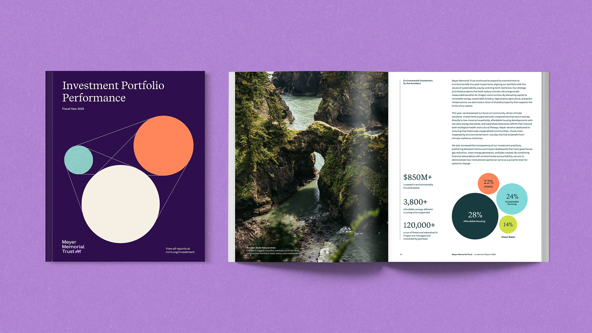 Meyer Memorial Trust investment report with cover and open spread showing charts and nature photography.