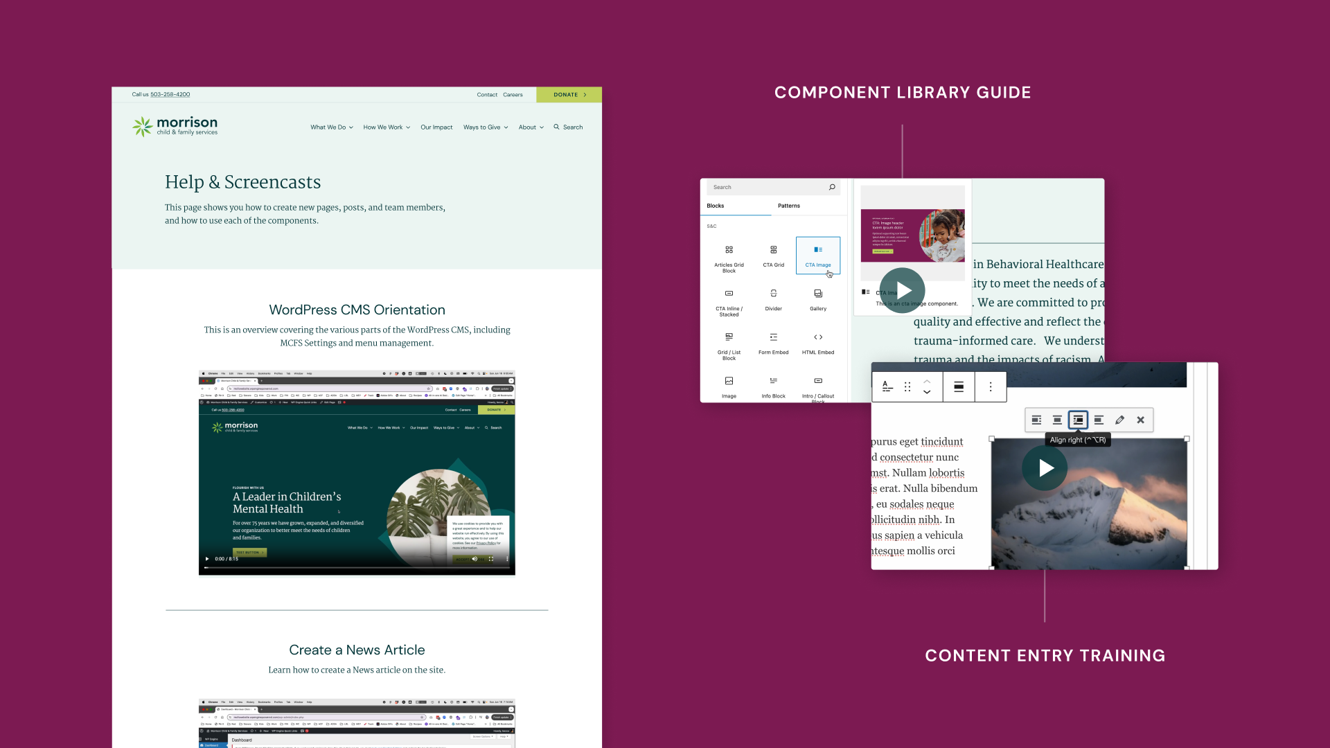 A screenshot example of the 'Help & Screencasts' page we create for our websites, which includes tutorials and helpful information about how the site is managed.
