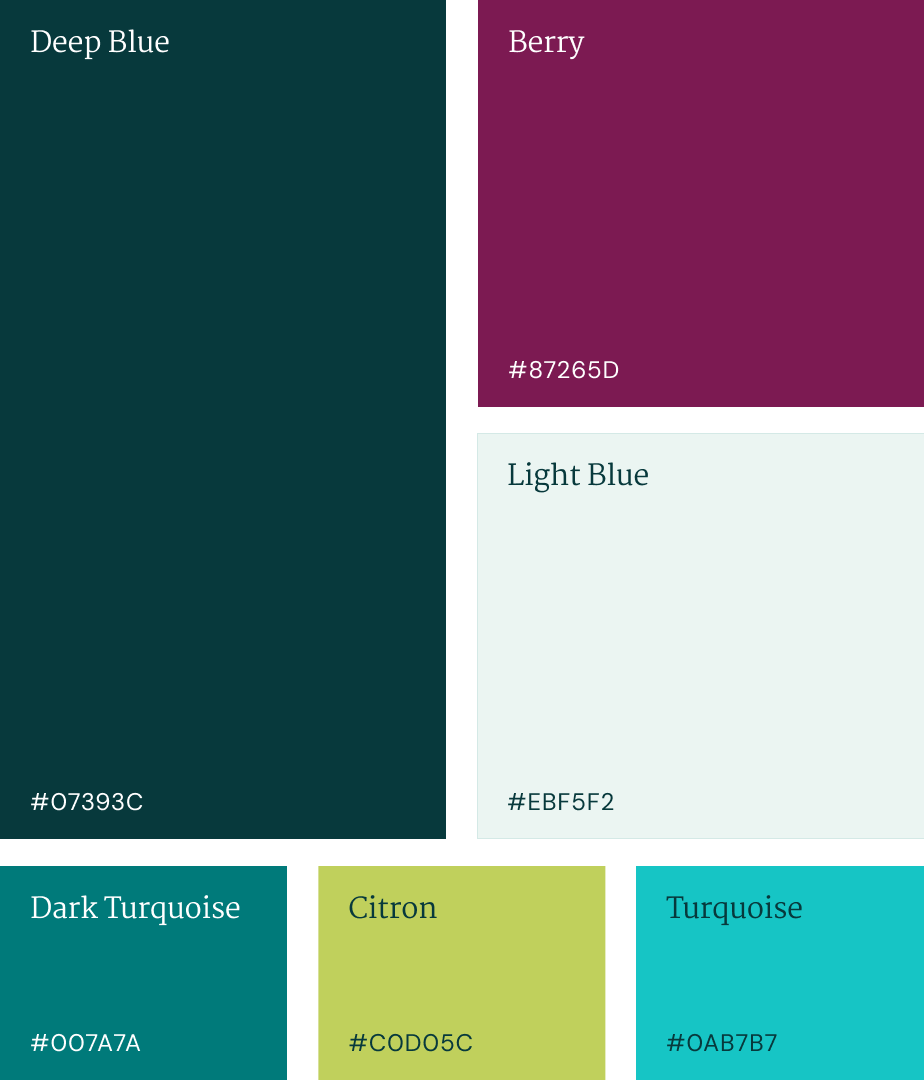The color palette for the new Morrison website includes dark blue, berry, a light dusty blue, turquoise, dark turquoise, and a citron green.