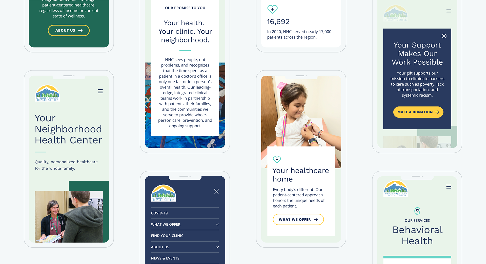 Screenshots of the Neighborhood Health Center website on mobile.