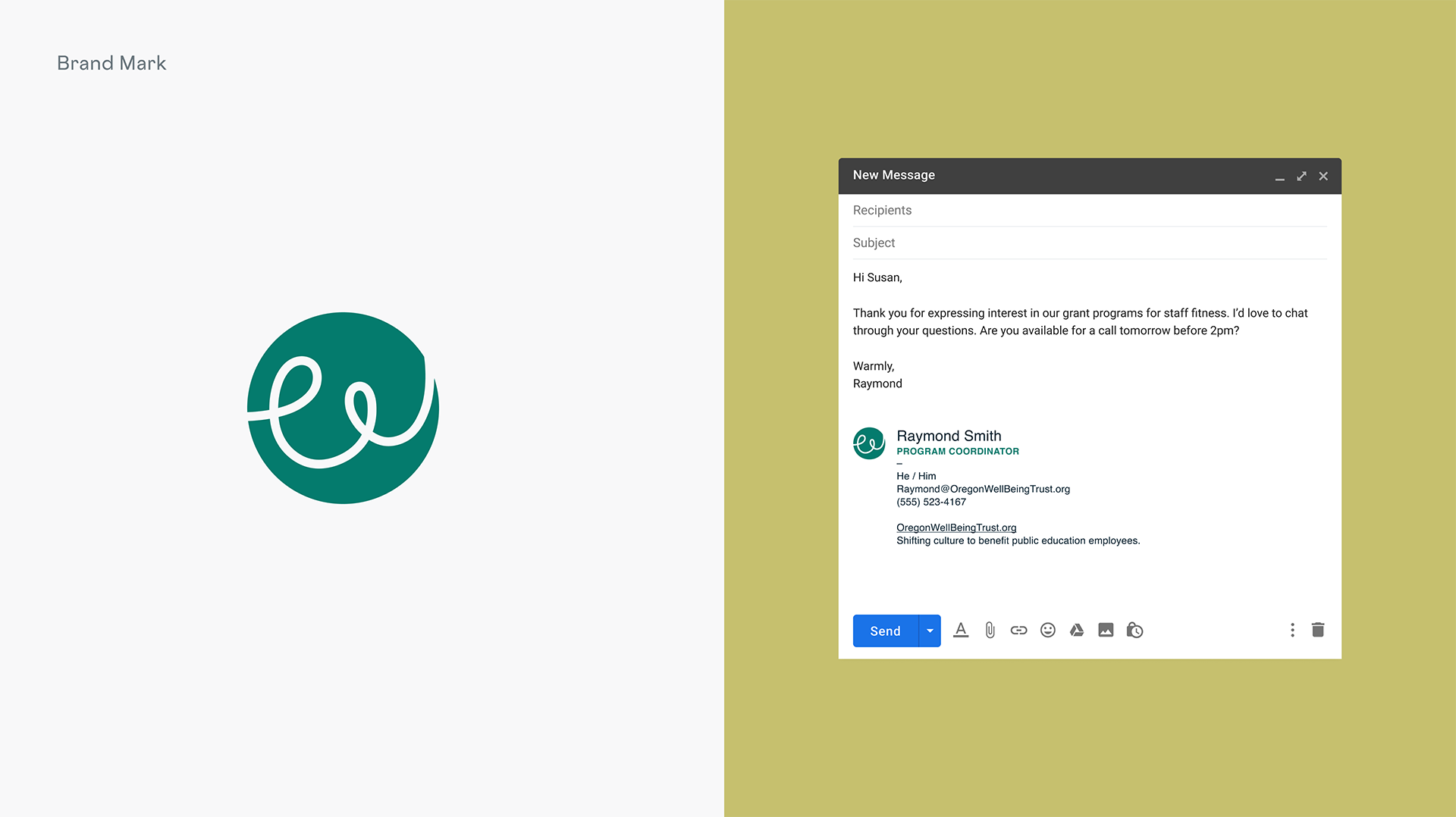 The new OWT brandmark next to a mockup of the new email signature design.