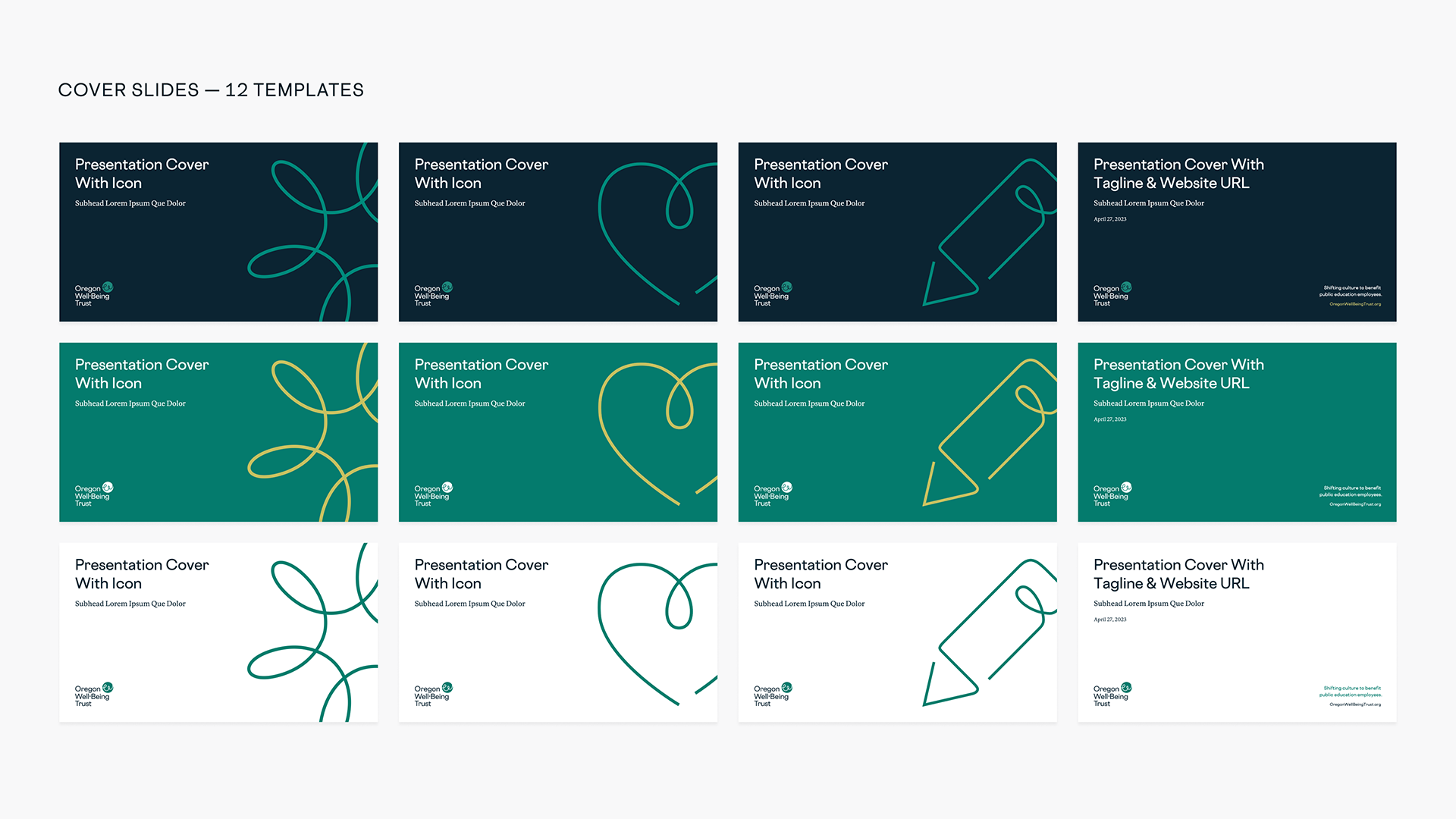 A grid of cover designs for the PowerPoint template, which uses the new iconography.