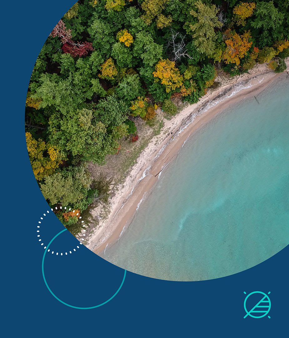 A circular cut-out image of a beach line with blue ocean on one side and a green forest on the other. The foreground around the cut-out is dark blue and branded with abstract designs from Third Nature.