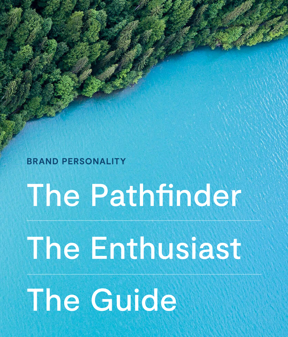 A background of blue water lined by a green forest with the Third Nature brand personalities defined as "The Pathfinder," "The Enthusiast," and "The Guide."