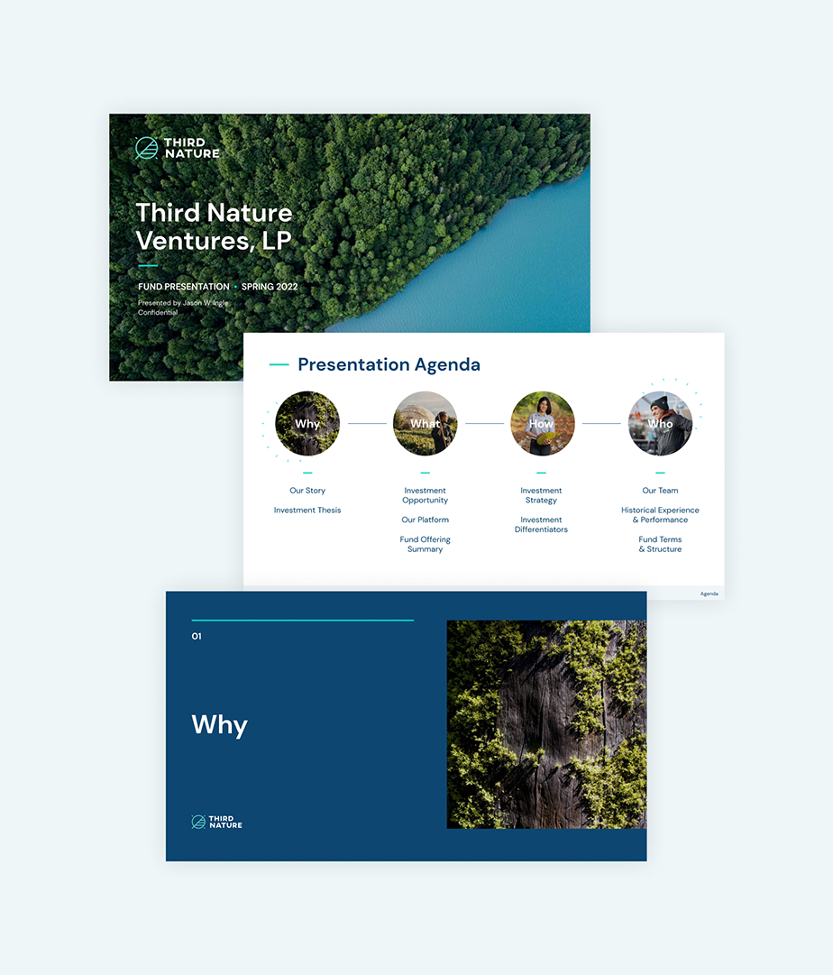 Third Nature Fund Presentation slide deck. Includes the cover page, a title page, and the presentation agenda page.