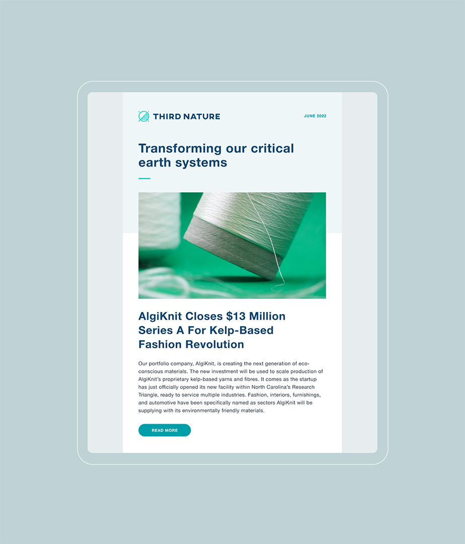 A screenshot from a monthly newsletter email for the story, "Transforming our critical earth systems."