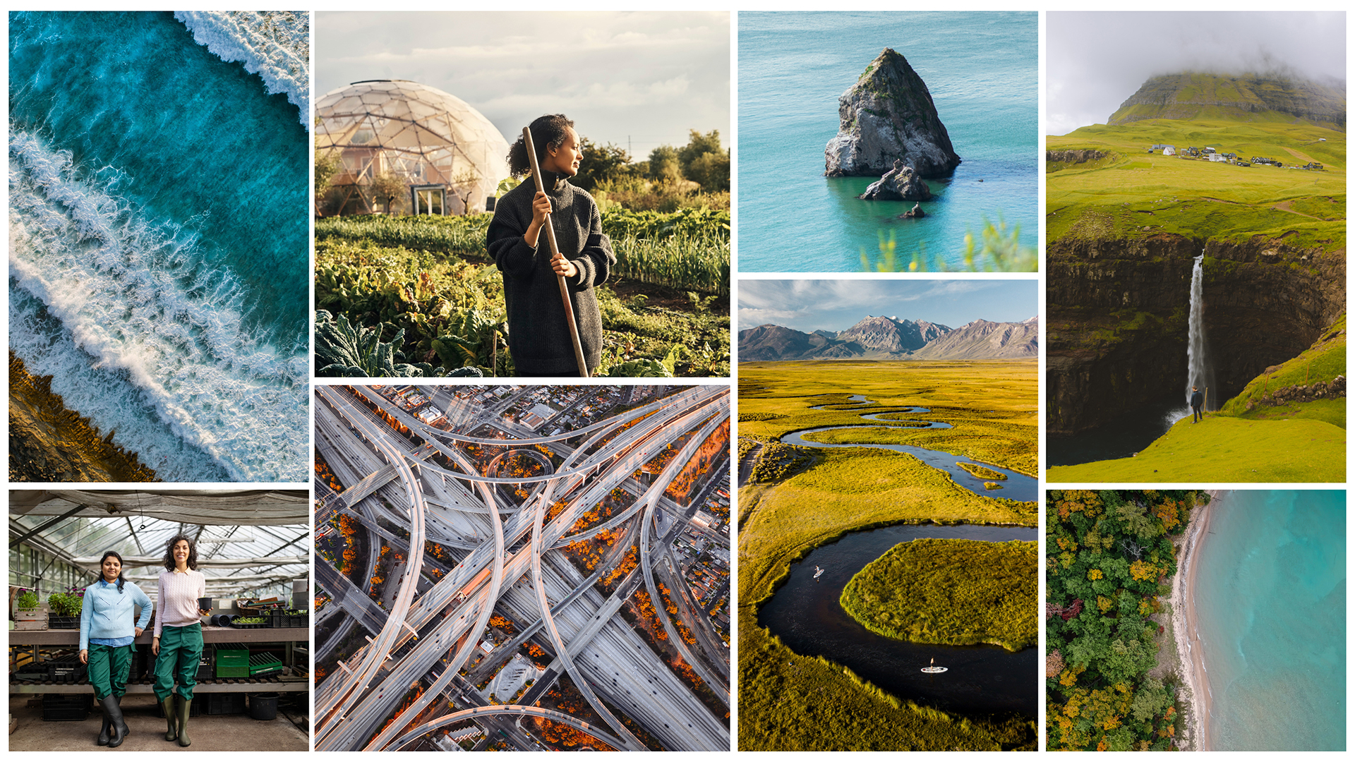 A collage of imagery used on the Third Nature Investments website, include water, land, lush green backdrops, highway traffic, and farmers.